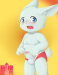  4_fingers anthro balls blue_eyes blush briefs child clothing cub erection fur lagomorph male mammal norphen open_mouth penis pink_nose precum pulled_down rabbit simple_background solo standing uncut underwear white_fur young 