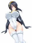  black_hair black_jacket breasts brown_eyes covered_navel covered_nipples emperor_penguin_(kemono_friends) hair_over_one_eye headphones highres jacket kemono_friends large_breasts leotard looking_at_viewer open_clothes open_jacket short_hair simple_background smile solo tail thigh_gap thighhighs twrlare white_background white_legwear white_leotard 