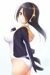  ass black_hair blush breasts brown_eyes emperor_penguin_(kemono_friends) hair_over_one_eye headphones kemono_friends kirifrog large_breasts leotard long_hair looking_at_viewer multicolored_hair simple_background solo thighhighs white_background white_legwear white_leotard 