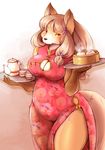  2017 anthro big_breasts breasts brown_hair canine chinese_clothing chinese_dress cleavage cleavage_cutout clothed clothing dress female food fox gradient_background hair hairclip kemono long_hair looking_at_viewer mammal purple_eyes setouchi_kurage simple_background solo waiter wide_hips 