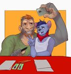  anthro beard buckteeth clothed clothing duo facial_hair fur hair male mammal melamoryblack monkey mouse phone primate rodent selfie smile teeth 