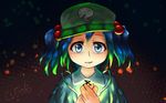  blue_eyes blue_hair dark_background green_hat hair_bobbles hair_ornament hands_clasped hat kawashiro_nitori lights looking_at_viewer own_hands_together touhou two_side_up welt_(kinsei_koutenkyoku) 