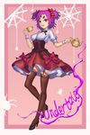  1girl breasts fang high_heels lipstick muffet personification purple_hair skirt solo tea thighhighs twintails undertale 