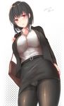  alternate_costume arm_at_side black_legwear blouse breasts business_suit casual crotch_seam dated duplicate formal from_below highres impossible_clothes kantai_collection large_breasts looking_at_viewer miniskirt office_lady panties panties_under_pantyhose pantyhose pencil_skirt red_eyes sakiryo_kanna skirt skirt_suit solo suit thighband_pantyhose undersized_clothes underwear white_blouse yamashiro_(kantai_collection) 