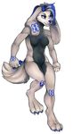  5_fingers anthro blue_eyes blue_hair blue_nose breasts canine digitigrade featureless_breasts featureless_crotch female hair horn hybrid long_ears mammal navel nude redcreator smile standing 