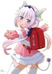  backpack bag blue_eyes chestnut_mouth commentary_request dragon_girl dragon_horns dragon_tail hair_bobbles hair_ornament highres horns kanna_kamui kobayashi-san_chi_no_maidragon lavender_hair long_hair looking_at_viewer low_twintails maisama outstretched_arms randoseru simple_background solo spread_arms tail thighhighs twintails white_background zettai_ryouiki 