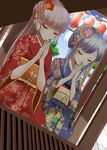  blue_hair blue_kimono bow closed_eyes cloud commentary_request floral_print flower fujiwara_no_mokou green_ribbon hair_flower hair_ornament hands_together highres indo_(mdtanaka2007) japanese_clothes kamishirasawa_keine kimono long_hair long_sleeves multiple_girls obi red_kimono red_ribbon ribbon sash silver_hair sky smile standing tiles touhou wide_sleeves yukata 