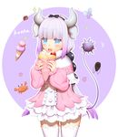  blue_eyes cream cream_on_face crepe dragon_girl dragon_horns dragon_tail eating food food_on_face food_wrapper highres holding horns ice_cream_cone kanna_kamui kobayashi-san_chi_no_maidragon lavender_hair looking_at_viewer low_twintails open_mouth solo tail thighhighs twintails white_legwear y.i._(lave2217) zettai_ryouiki 