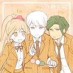  2boys blonde_hair color_connection danganronpa danganronpa_3 dango drooling food green_hair hair_ribbon high_ponytail kibougamine_gakuen_school_uniform multiple_boys munakata_kyousuke neck_ribbon necktie pleated_skirt ribbon sakakura_juuzou sanshoku_dango school_uniform skirt sumimoto_ryuu translation_request wagashi white_eyes white_hair yellow_eyes yukizome_chisa 