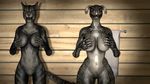  2017 3d_(artwork) anthro argonian breast_grab breasts cat digital_media_(artwork) duo feline female hand_on_breast hi_res horn khajiit looking_at_viewer mammal nude pinup pose pussy reptile scales scalie skyrim source_filmmaker the_elder_scrolls video_games xboxking37 