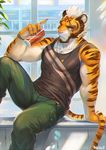  anthro biceps clothing digital_media_(artwork) feline fur male mammal moodraw muscular muscular_male shirt tank_top tiger 