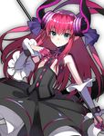  asymmetrical_horns blue_eyes blush detached_sleeves dragon_girl dress elizabeth_bathory_(fate) elizabeth_bathory_(fate)_(all) fate/extra fate/extra_ccc fate_(series) fuotchan highres horns lance long_hair looking_at_viewer pink_hair pointy_ears polearm ribbon smile solo tail two_side_up weapon 
