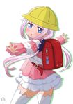  backpack bag blue_eyes chestnut_mouth commentary_request hair_bobbles hair_ornament hat highres kanna_kamui kobayashi-san_chi_no_maidragon lavender_hair long_hair looking_at_viewer low_twintails maisama outstretched_arms randoseru school_hat simple_background solo spread_arms thighhighs twintails white_background zettai_ryouiki 