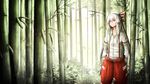  bamboo bamboo_forest bow commentary forest fujiwara_no_mokou hair_between_eyes hair_bow hands_in_pockets highres leaf long_hair long_sleeves looking_away looking_to_the_side nature ofuda pants parted_lips puffy_long_sleeves puffy_sleeves red_eyes red_pants rinnemi shirt silver_hair solo suspenders touhou white_shirt 
