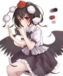  &gt;:) bad_id bad_pixiv_id black_bow black_hair black_neckwear black_skirt black_wings blush bow bowtie camera collared_shirt cowboy_shot feathered_wings feathers frilled_skirt frills hat highres lo-ta looking_at_viewer pom_pom_(clothes) puffy_short_sleeves puffy_sleeves red_eyes red_hat shameimaru_aya shirt short_hair short_sleeves skirt smile solo tokin_hat touhou v-shaped_eyebrows white_background white_shirt wings 