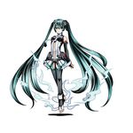  absurdly_long_hair alpha_transparency bare_shoulders barefoot black_legwear blue_eyes blue_hair breasts detached_sleeves divine_gate floating_hair floating_necktie full_body grey_neckwear hair_between_eyes hatsune_miku hatsune_miku_(append) long_hair looking_at_viewer medium_breasts navel necktie official_art shadow solo thighhighs toeless_legwear transparent_background ucmm very_long_hair vocaloid vocaloid_append 