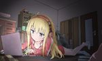  ahoge blonde_hair collarbone computer door gabriel_dropout headphones jacket laptop long_hair looking_at_viewer lying no_pants no_shoes on_stomach racchi. silver_eyes sock_dangle solo tenma_gabriel_white track_jacket wooden_floor 