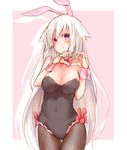  animal_ears bangs black_legwear blush bow bowtie breasts bunny_ears bunnysuit cleavage closed_mouth covered_navel cowboy_shot detached_collar eyebrows_visible_through_hair frilled_leotard frills head_tilt heart heart_hands leotard long_hair looking_at_viewer medium_breasts original pantyhose pink_background pink_eyes red_bow red_neckwear rinrin_(927413) silhouette silver_hair simple_background skin_tight smile solo standing strapless strapless_leotard tareme thigh_gap very_long_hair wrist_cuffs 