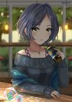  artist_name bangs bar_stool black_hair blurry blurry_background blush breasts collarbone counter cup disposable_cup drinking_straw earrings gem hanging_light hayami_kanade highres holding holding_cup hoop_earrings idolmaster idolmaster_cinderella_girls inika jewelry long_sleeves looking_at_viewer makeup mascara necklace off-shoulder_sweater open_mouth parted_bangs pendant prism shawl short_hair sleeves_past_wrists small_breasts solo stool sweater upper_body yellow_eyes 