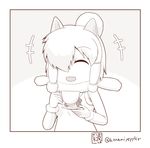  1girl :d ^_^ alpaca_ears alpaca_suri_(kemono_friends) animal_ears closed_eyes commentary cup facing_viewer fur_collar greyscale hair_over_one_eye holding kemono_friends monochrome open_mouth sazanami_konami smile solo teacup twitter_username |d 