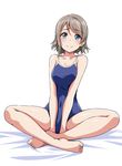  barefoot bed_sheet between_legs blue_eyes blue_swimsuit blush closed_mouth commentary_request competition_school_swimsuit covered_navel crossed_ankles eyebrows_visible_through_hair full_body grey_hair hand_between_legs indian_style looking_at_viewer love_live! love_live!_sunshine!! one-piece_swimsuit short_hair sitting smile solo swimsuit watanabe_you white_background yopparai_oni 