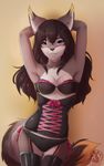  anthro biting_lip bra breasts canine clothing corset female fur hair lingerie looking_at_viewer lunarii mammal panties smile solo underwear 