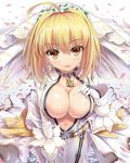  ahoge alternate_eye_color blonde_hair bodysuit breasts bridal_veil cafeore cleavage fate/extra fate/extra_ccc fate_(series) gloves hair_between_eyes hair_ornament hand_on_own_chest leaning_forward lock looking_at_viewer medium_breasts navel nero_claudius_(bride)_(fate) nero_claudius_(fate)_(all) orange_eyes padlock parted_lips solo unzipped veil white_bodysuit white_gloves zipper 