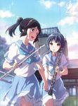  :d aqua_neckwear black_hair blue_eyes blue_skirt brown_eyes building cloud cloudy_sky collarbone copyright_name day eye_contact flute hair_between_eyes hair_ornament hibike!_euphonium high_ponytail highres holding holding_hands holding_instrument ikeda_shouko instrument kasaki_nozomi long_hair looking_at_another looking_back mouth_hold mouthpiece multiple_girls neckerchief oboe open_mouth outdoors pleated_skirt ponytail school_uniform serafuku shirt short_sleeves skirt sky smile standing walking white_shirt yoroizuka_mizore 