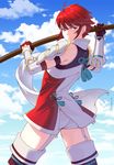  ahoge arm_guards artist_name blue_sky boots closed_mouth cloud cowboy_shot day fire_emblem fire_emblem_if garter_straps gloves hinoka_(fire_emblem_if) holding holding_staff looking_at_viewer nadezhda_korzun outdoors red_eyes red_gloves red_hair serious short_hair shoulder_armor shoulder_blades shunkaku sidelocks signature sky solo spaulders staff tassel thigh_boots thighhighs thighs vambraces watermark web_address 