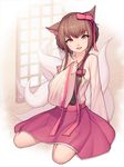  absurdres ahri animal_ears bad_id bad_pixiv_id breasts brown_hair cleavage dynasty_ahri eyebrows_visible_through_hair fang fox_ears hanbok highres korean_clothes large_breasts league_of_legends lee_seok_ho long_sleeves medium_hair open_mouth pink_ribbon pink_skirt ribbon skirt smile solo yellow_eyes 