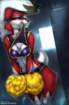  2017 anthro anthrofied ballistic-cottontail big_breasts black_fur black_hair breasts canine cheerleader cleavage clothed clothing english_text female fur hair inside long_hair looking_at_viewer lycanroc mammal midnight_lycanroc nintendo nipple_bulge pink_eyes pink_sclera pok&eacute;mon pok&eacute;morph pom_poms red_fur sharp_teeth signature slit_pupils smile solo teeth text tuft video_games white_fur white_hair 