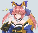  animal_ears blue_bow bow breasts cleavage disco_brando eyebrows_visible_through_hair fate/extra fate_(series) fox_ears fox_tail large_breasts long_hair long_sleeves medium_hair money_gesture pink_hair solo tail tamamo_(fate)_(all) tamamo_no_mae_(fate) yellow_eyes 