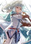  feathers gloves highres light_particles long_hair long_sleeves looking_at_viewer magic male_focus mikleo_(tales) pale_skin purple_eyes qitoli solo staff tales_of_(series) tales_of_zestiria water weapon white_background white_hair 