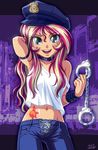  1girl blonde_hair choker cyan_eyes handcuffs jeans long_hair midriff multicolored_hair my_little_pony my_little_pony_equestria_girls my_little_pony_friendship_is_magic navel off_the_shoulder police_cap red_hair sunset_shimmer tagme tattoo two-tone_hair uotapo yellow_skin 