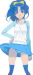  1girl akinbo_(hyouka_fuyou) arm_behind_back blue_eyes blue_hair blue_legwear blue_skirt blue_sleeves bow collarbone hair_bow hand_on_hip highres kirakira_precure_a_la_mode long_hair long_sleeves looking_at_viewer miniskirt panties precure shiny shiny_hair shirt simple_background skirt skirt_lift solo standing striped striped_panties tategami_aoi thighhighs underwear white_background white_shirt wind wind_lift yellow_bow 