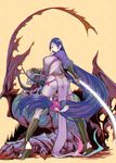  absurdly_long_hair ass blood blood_splatter breasts fate/grand_order fate_(series) fingerless_gloves gloves highres katana large_breasts long_hair looking_at_viewer looking_back low-tied_long_hair minamoto_no_raikou_(fate/grand_order) monster ponytail purple_eyes purple_hair simple_background solo sword thighs utu_(ldnsft) very_long_hair weapon yellow_background 