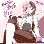  2016 arm_support belt black_gloves boots breasts brown_eyes brown_hair character_name commentary_request crossed_legs dated diagonal_stripes gloves h-new heterochromia knee_boots legs looking_at_viewer medium_breasts multicolored_hair neo_(rwby) pants pink_eyes pink_hair ribbed_sweater rwby sketch smirk solo striped striped_background sweater thighs umbrella 