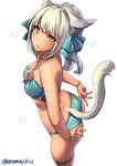  animal_ears arms_behind_back aruma_jiki ass bangs bare_shoulders bikini bikini_pull blue_bikini blue_ribbon breasts cat_ears cat_tail closed_mouth collarbone cowboy_shot eyebrows eyebrows_visible_through_hair final_fantasy final_fantasy_xiv from_above from_side grey_hair hair_ornament hair_ribbon jewelry long_hair looking_at_viewer medium_breasts miqo'te necklace ponytail pulled_by_self ribbon shiny shiny_skin slit_pupils smile solo standing star swimsuit tail thigh_strap twitter_username whisker_markings white_background yellow_eyes 
