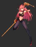  absurdres breasts brown_eyes chaos_(dungeon_and_fighter) cleavage dungeon_and_fighter elbow_gloves gloves highres horns knight_(dungeon_and_fighter) large_breasts lee_seok_ho long_hair midriff navel pantyhose pink_hair signature skull solo sword torn_clothes torn_legwear weapon 