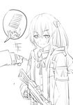  anger_vein armband breast_conscious eyebrows_visible_through_hair fingerless_gloves girls_frontline gloves gun h&amp;k_ump heckler_&amp;_koch hood hoodie jacket long_hair monochrome multiple_girls one_side_up simple_background sketch submachine_gun ump45_(girls_frontline) ump9_(girls_frontline) weapon xiujia_yihuizi 