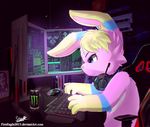  2017 anthro chair computer cute hacker hacking hair headphones headset keyboard lagomorph male mammal monitor mouse rabbit rodent senz soft_drink typing 