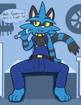  alternate_color anthro anthrofied barefoot belt blush bulge clothing cute_fangs dialogue feline felino holding_object mammal mechanic nintendo overalls pinup pok&eacute;mon porn_dialogue pose signature sitting spread_legs spreading talking_to_viewer tools torracat video_games wrench 