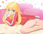  absurdres ass bad_id bad_pixiv_id blonde_hair blue_eyes cellphone cellphone_picture company_connection confetti covering covering_ass doma_umaru douga_koubou eyebrows_visible_through_hair gabriel_dropout highres himouto!_umaru-chan komaru lee_seok_ho long_hair long_sleeves looking_at_viewer no_pants panties phone signature smartphone solo tenma_gabriel_white trait_connection underwear white_panties 