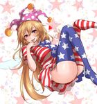 absurdres alternate_legwear amagi_(amagi626) american_flag_dress american_flag_legwear ass blonde_hair breasts clownpiece come_hither dress fairy_wings hat heart highres jester_cap large_breasts long_hair looking_at_viewer naughty_face no_panties older polka_dot purple_eyes short_dress short_sleeves sketch smile solo star star_print striped thighhighs tongue tongue_out touhou wings 