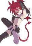  1girl :d armpits bandeau bare_shoulders black_gloves black_legwear blush boots bracelet buckle collar demon_girl demon_tail demon_wings disgaea double_w elbow_gloves etna fang flat_chest gloves hand_gesture highres jewelry knee_boots makai_senki_disgaea makai_senki_disgaea_2 open_mouth red_eyes red_hair shaded_face short_hair simple_background smile solo stomach tail thighhighs two_side_up w white_background white_boots wings yamamoto_souichirou 