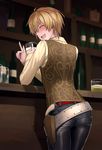  alcohol ass bad_id bad_pixiv_id beer beer_mug belt billy_the_kid_(fate/grand_order) blonde_hair blush closed_eyes cup denim drunk fate/grand_order fate_(series) from_behind holding holding_cup holster index_finger_raised jeans male_focus open_mouth pants saloon shelf shijiu_(adamhutt) smile vest 