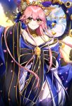  1girl animal_ears black_bow black_legwear blue_kimono bow breasts choker cleavage collarbone cowboy_shot eyebrows_visible_through_hair fate/extra fate_(series) floating_hair fox_ears hm_(wonhml) japanese_clothes kimono long_hair medium_breasts pink_hair shiny shiny_hair smile solo standing suiten_nikkou_amaterasu_yanoshisu_ishi tamamo_(fate)_(all) tamamo_no_mae_(fate) thighhighs very_long_hair yellow 