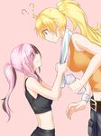  ? belt belt_buckle blonde_hair bottle breasts brown_hair buckle cowboy_shot eye_contact highres large_breasts long_hair looking_at_another midriff multicolored_hair multiple_girls neo_(rwby) pink_background pink_hair ponytail purple_eyes rwby size_difference sketch smile sweat tank_top tl towel towel_around_neck water_bottle yang_xiao_long yuri 
