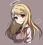  ahoge akamatsu_kaede bad_id bad_pixiv_id blonde_hair breasts commentary danganronpa drawn_wings hair_ornament hairclip halo long_hair looking_at_viewer medium_breasts musical_note necktie new_danganronpa_v3 purple_eyes school_uniform smile solo ssumbi sweater_vest upper_body 