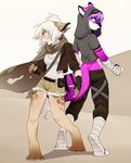  anthro ariyah blonde_hair canine clothed clothing digitigrade duo feline female fingerless_gloves fur gloves hair leg_wraps lynx mammal pink_fur purple_hair sabertooth-raccoon shorts standing tan_fur wraps 